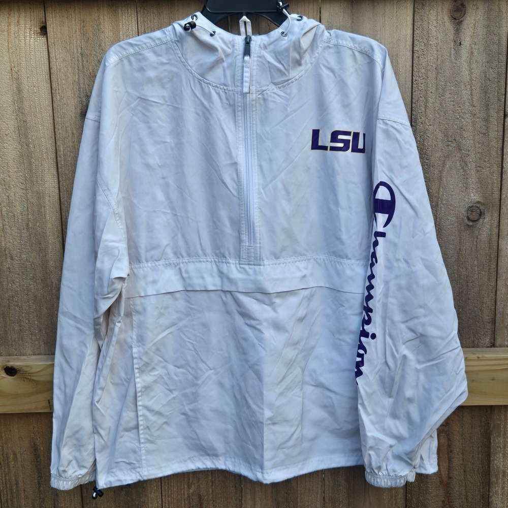 Champion LSU Tigers Mens Large White Half Zip Packable Windbreaker Jacket